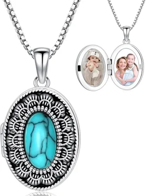 Vintage Picture Locket Necklace 925 Sterling Silver Oval Turquoise Flower Pendant Holds Pictures Vintage Style Photos Locket Memorial Jewelry Gifts for Women Men Mothers Day Gifts for Mom Sister