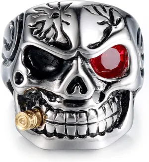 Vintage Stainless Steel Gothic Skull Smoking Bullet Biker Cocktail Party Ring for Men