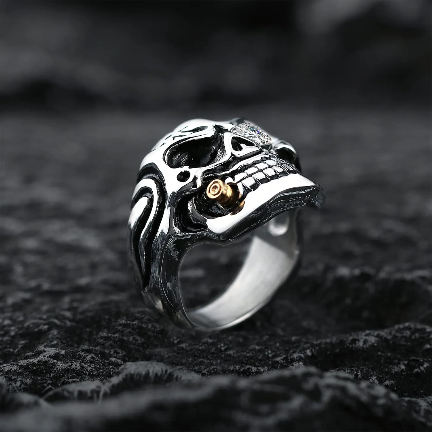 Vintage Stainless Steel Gothic Skull Smoking Bullet Biker Cocktail Party Ring for Men