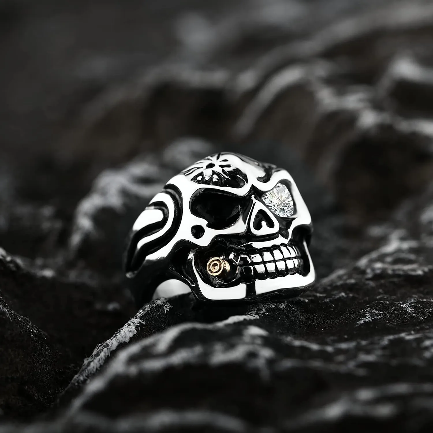 Vintage Stainless Steel Gothic Skull Smoking Bullet Biker Cocktail Party Ring for Men