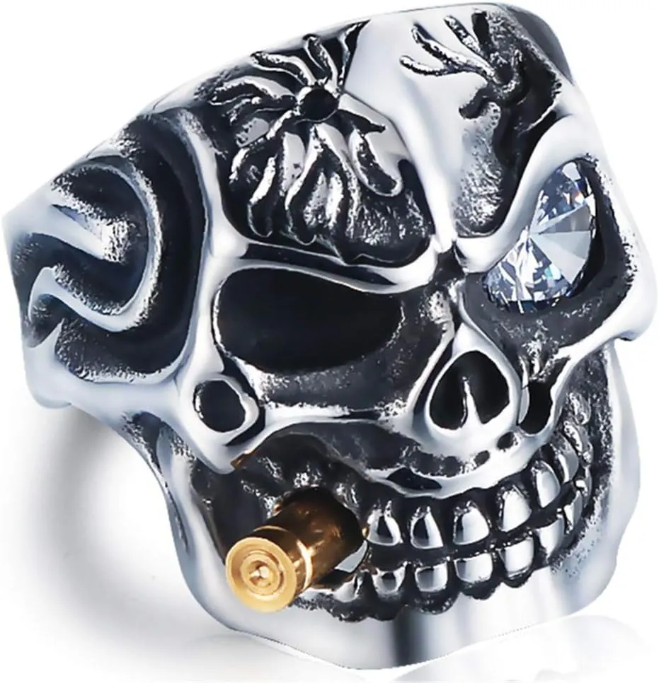Vintage Stainless Steel Gothic Skull Smoking Bullet Biker Cocktail Party Ring for Men