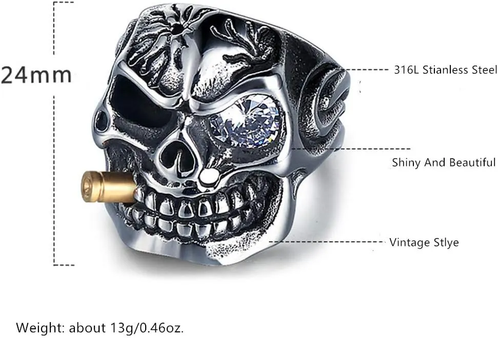 Vintage Stainless Steel Gothic Skull Smoking Bullet Biker Cocktail Party Ring for Men