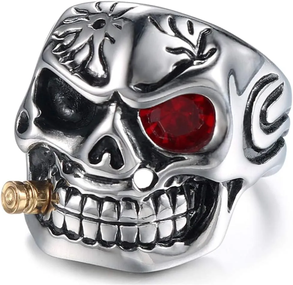 Vintage Stainless Steel Gothic Skull Smoking Bullet Biker Cocktail Party Ring for Men