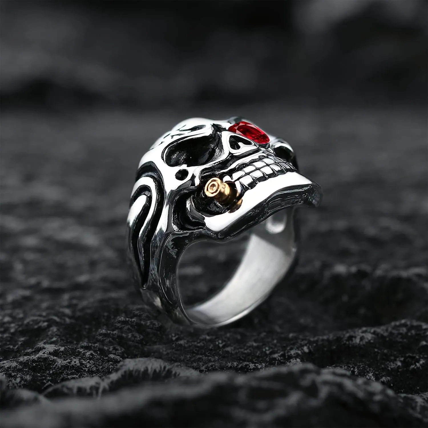 Vintage Stainless Steel Gothic Skull Smoking Bullet Biker Cocktail Party Ring for Men