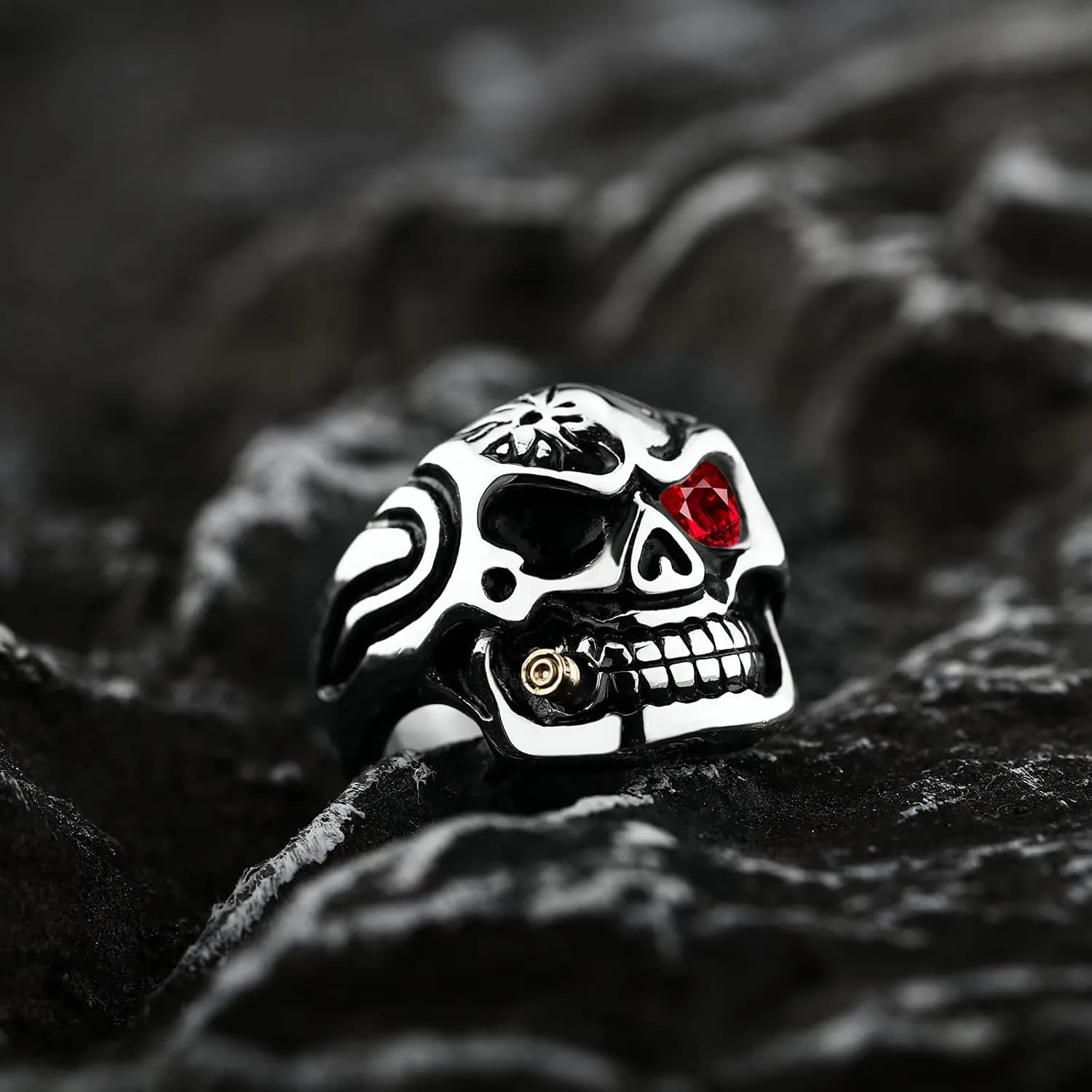 Vintage Stainless Steel Gothic Skull Smoking Bullet Biker Cocktail Party Ring for Men