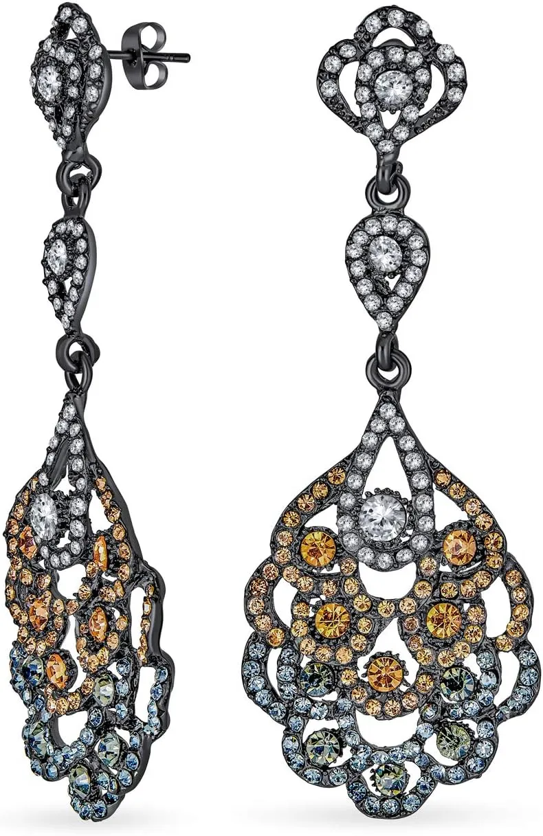 Vintage Style Bridal Wedding Dangling Holiday Party Waterfall Long Lace Flower Bow Crystal Prom Chandelier Statement Earrings For Women Pink Rose Gold Or Silver Plated