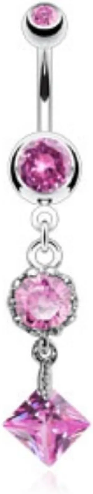 Vintage Style Single Round and Square CZ Dangle with 316L Press Fit Double Jeweled Belly WildKlass Rings (Sold by Piece)