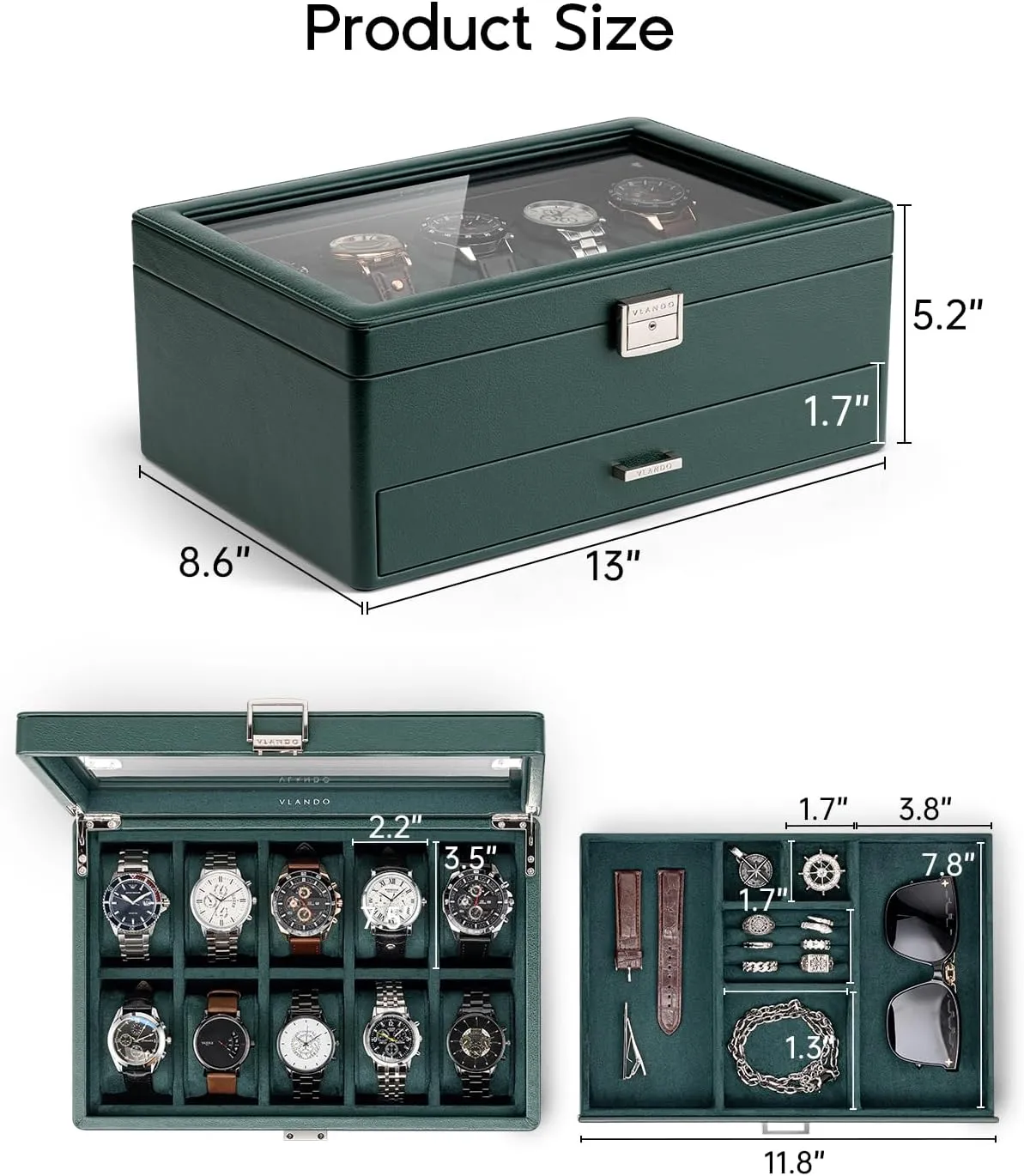 Vlando Watch Box for 10 slot, Lockable Watch Case with Textured Leather, 2 Layer Watch Holder for Rings, Bracelets, Glasses, Glass Lid, Removable Divider, Gift for Fathers, Husband, Friend, Dark Green