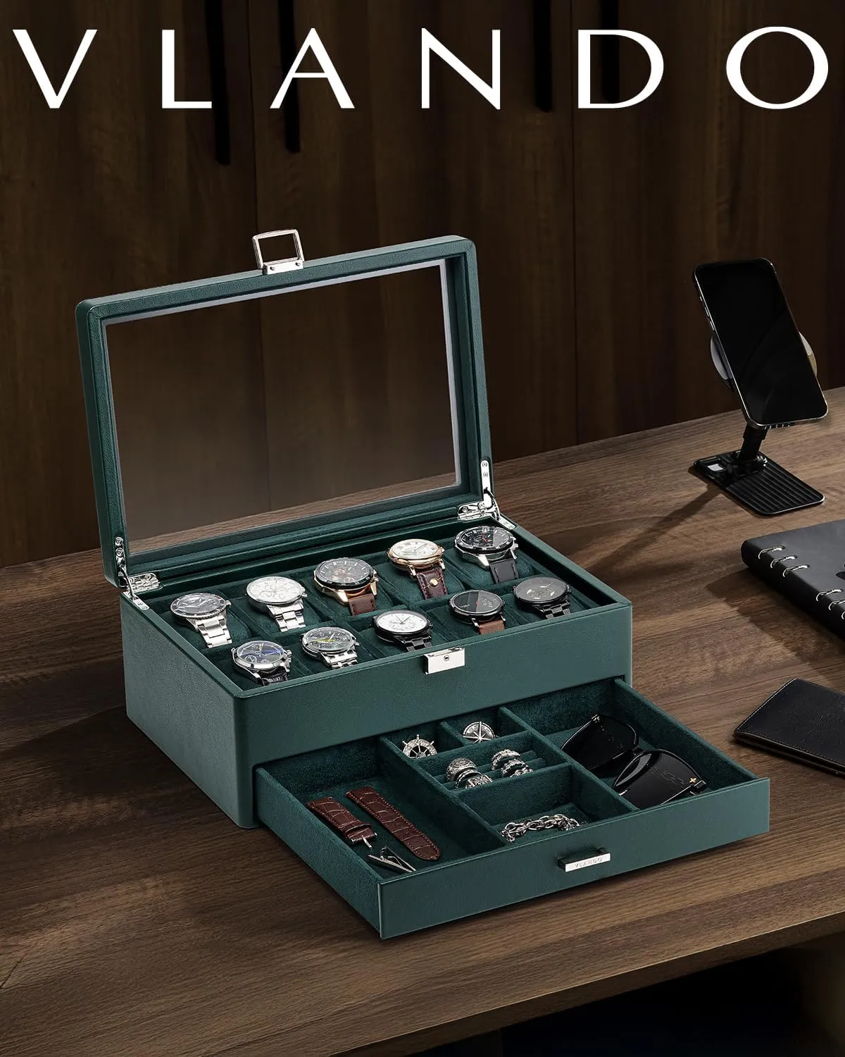 Vlando Watch Box for 10 slot, Lockable Watch Case with Textured Leather, 2 Layer Watch Holder for Rings, Bracelets, Glasses, Glass Lid, Removable Divider, Gift for Fathers, Husband, Friend, Dark Green