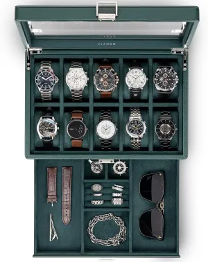 Vlando Watch Box for 10 slot, Lockable Watch Case with Textured Leather, 2 Layer Watch Holder for Rings, Bracelets, Glasses, Glass Lid, Removable Divider, Gift for Fathers, Husband, Friend, Dark Green