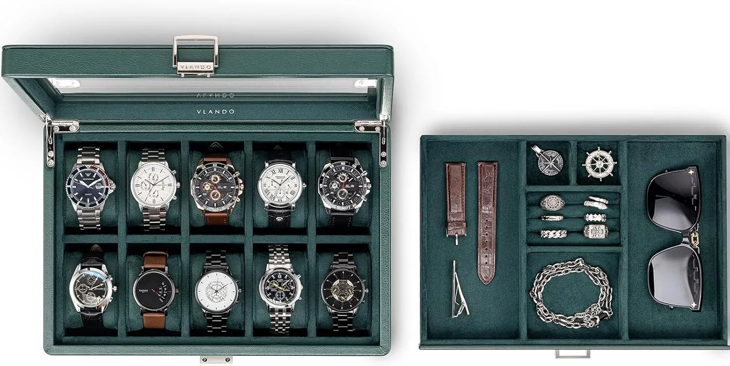 Vlando Watch Box for 10 slot, Lockable Watch Case with Textured Leather, 2 Layer Watch Holder for Rings, Bracelets, Glasses, Glass Lid, Removable Divider, Gift for Fathers, Husband, Friend, Dark Green
