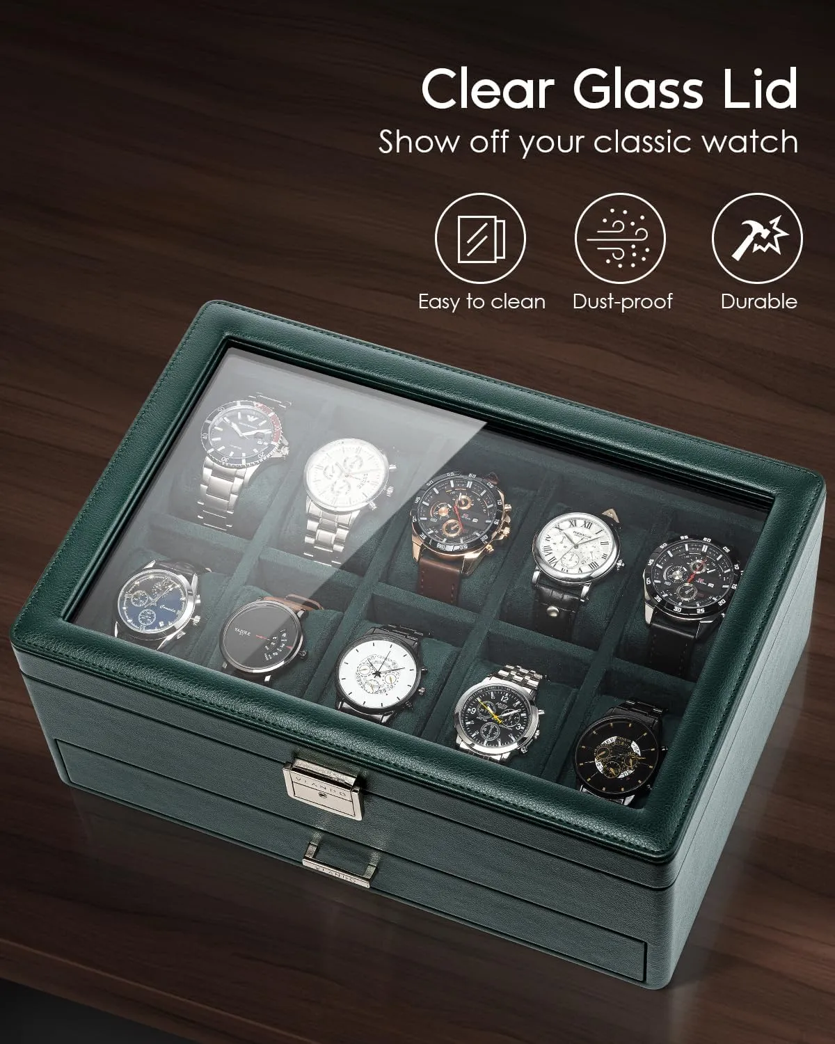 Vlando Watch Box for 10 slot, Lockable Watch Case with Textured Leather, 2 Layer Watch Holder for Rings, Bracelets, Glasses, Glass Lid, Removable Divider, Gift for Fathers, Husband, Friend, Dark Green