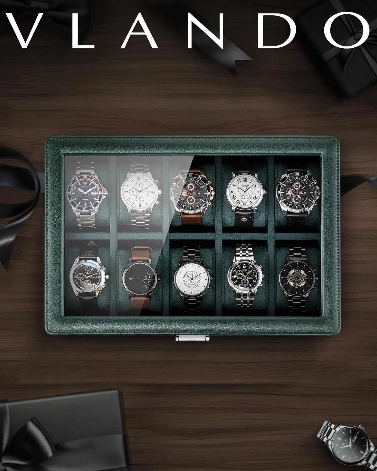 Vlando Watch Box for 10 slot, Lockable Watch Case with Textured Leather, 2 Layer Watch Holder for Rings, Bracelets, Glasses, Glass Lid, Removable Divider, Gift for Fathers, Husband, Friend, Dark Green