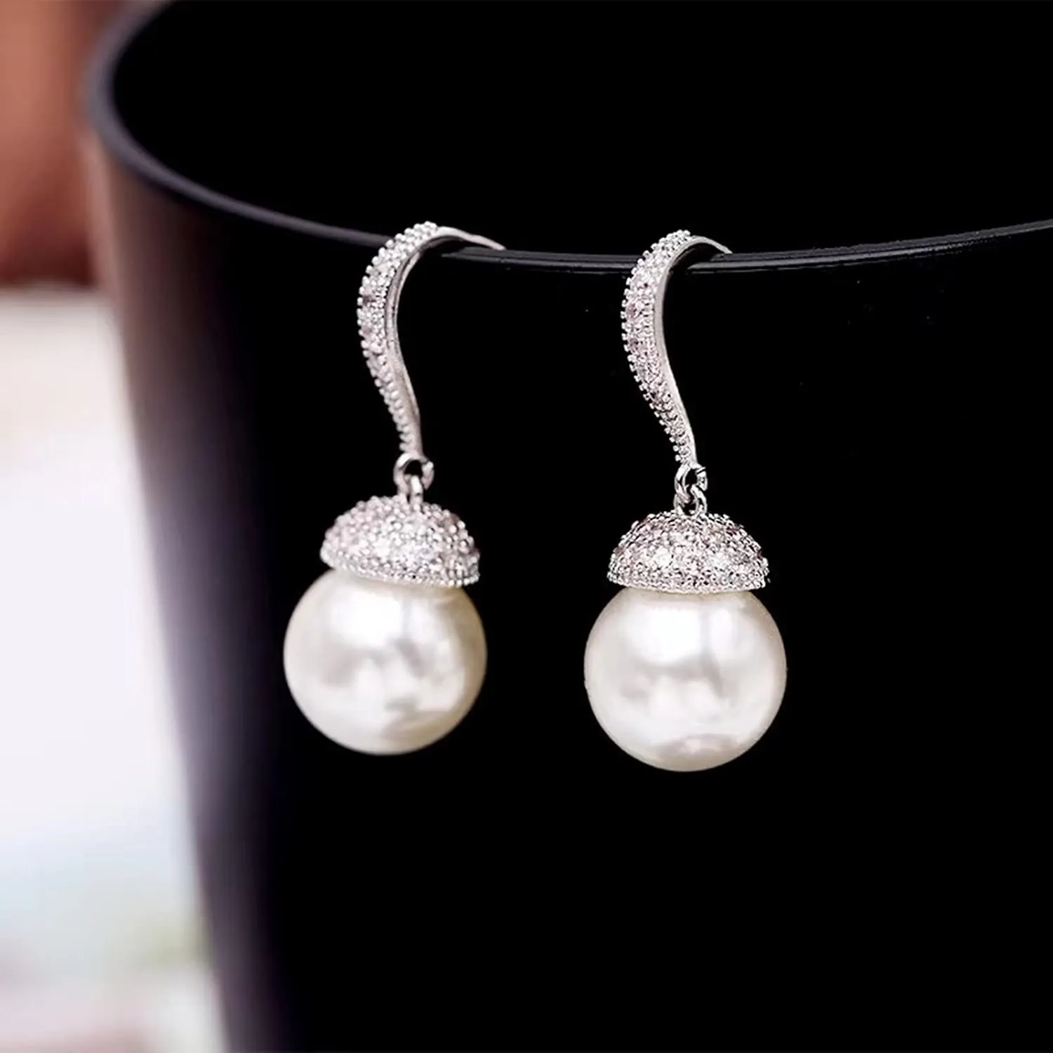 VONSSY Drop Dangle Pearl Earrings | Rose Gold Platinum Plated Silver Post Jewelry Gift for Mother Wife