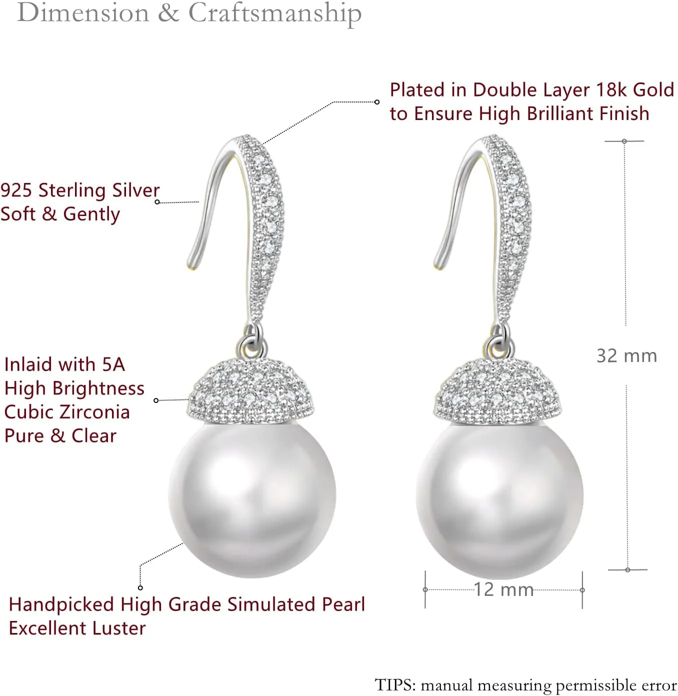VONSSY Drop Dangle Pearl Earrings | Rose Gold Platinum Plated Silver Post Jewelry Gift for Mother Wife