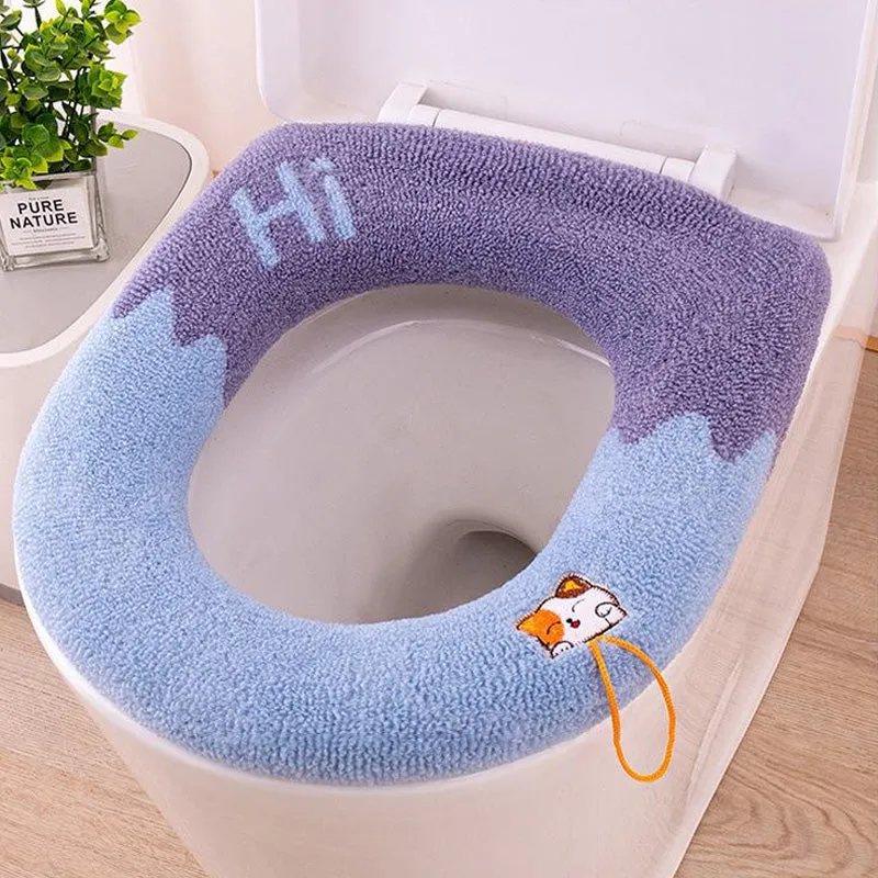 Washable Universal Soft Warm Knitted Toilet Seat Cover with Handle