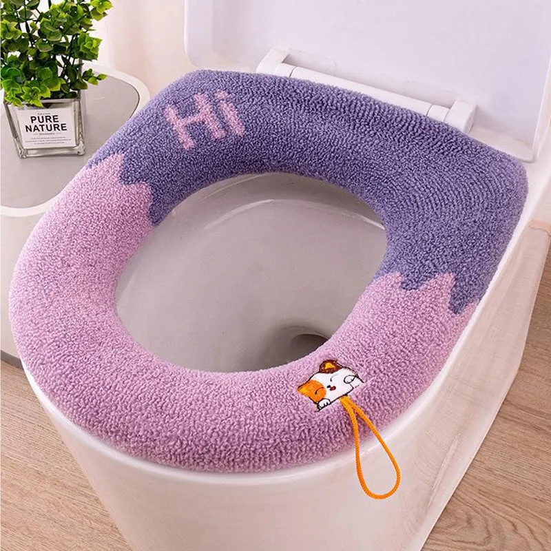 Washable Universal Soft Warm Knitted Toilet Seat Cover with Handle