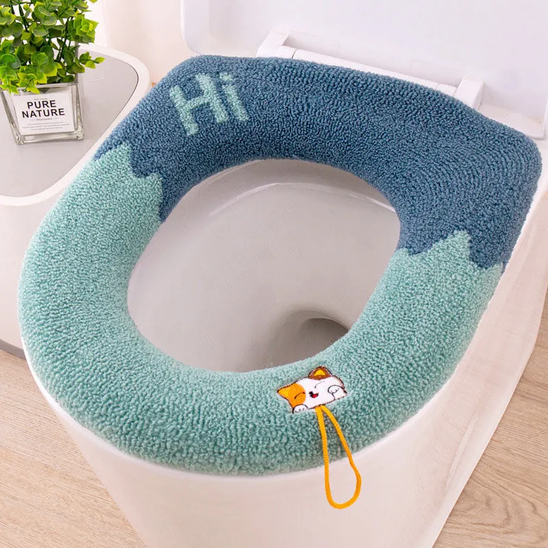 Washable Universal Soft Warm Knitted Toilet Seat Cover with Handle