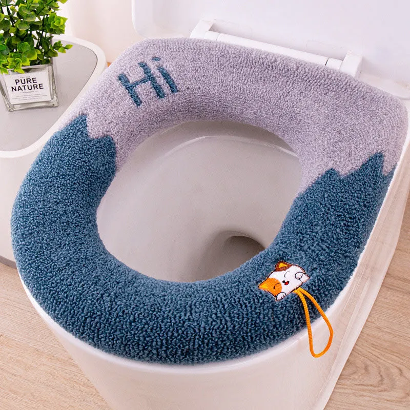 Washable Universal Soft Warm Knitted Toilet Seat Cover with Handle