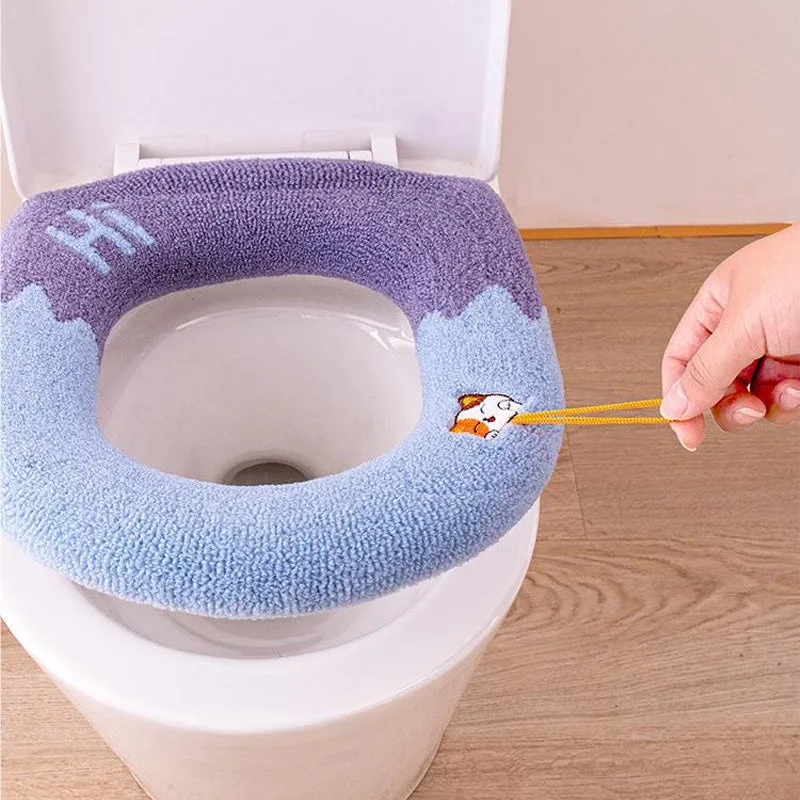 Washable Universal Soft Warm Knitted Toilet Seat Cover with Handle