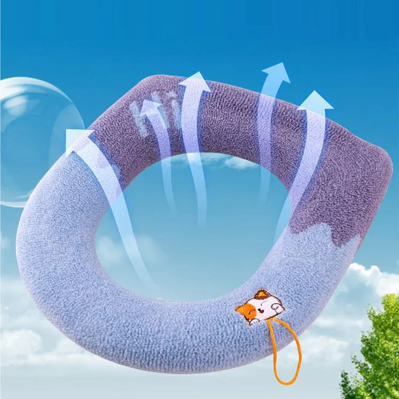 Washable Universal Soft Warm Knitted Toilet Seat Cover with Handle