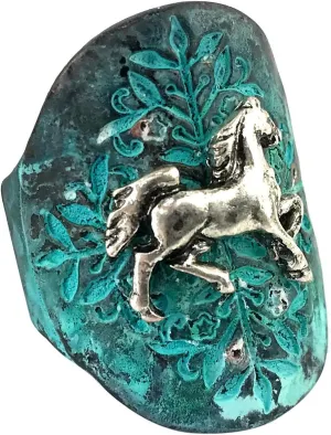 Western Collection Vintage Hammered Stretch Ring Horse Gypsy Patina Copper Silver