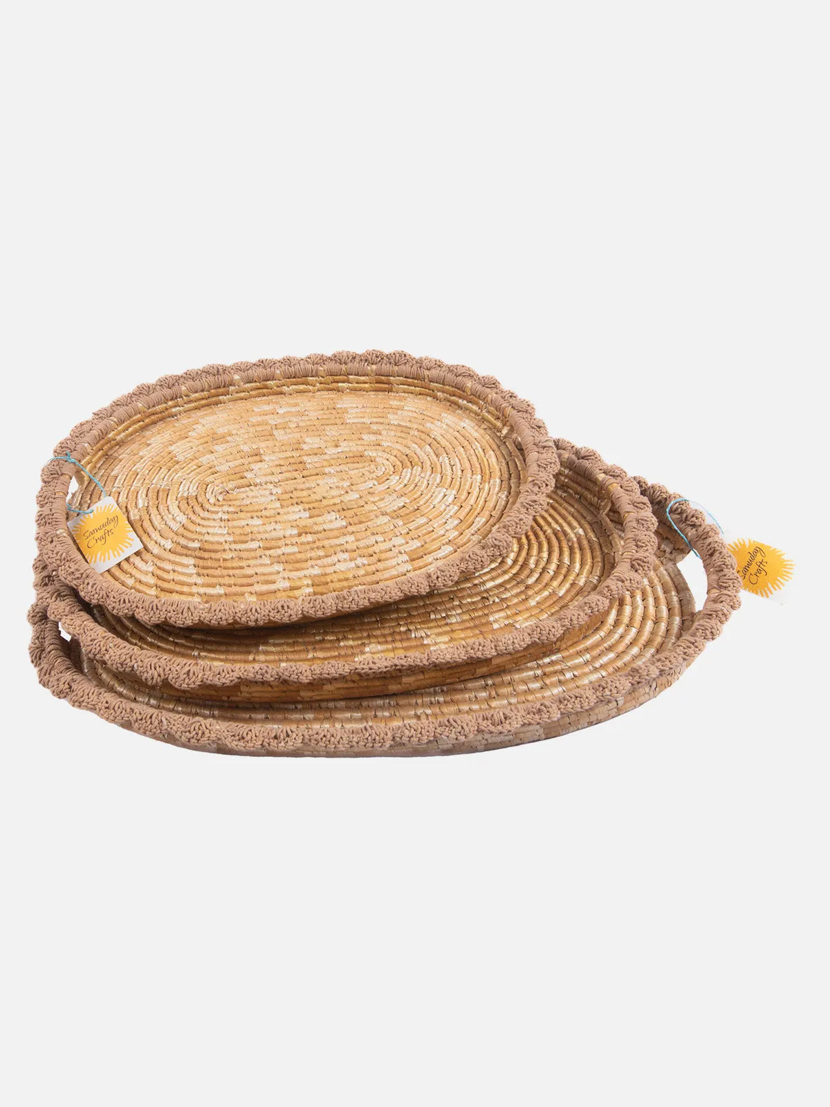 Wheat Grass Oval Tray Set Of 3 With Crochia
