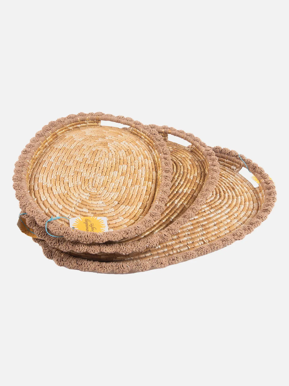 Wheat Grass Oval Tray Set Of 3 With Crochia