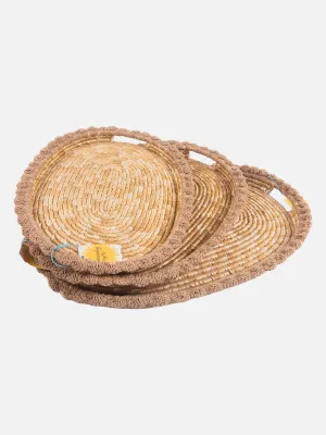 Wheat Grass Oval Tray Set Of 3 With Crochia