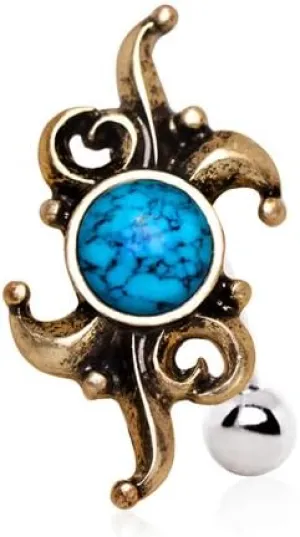 WildKlass Jewelry Synthetic Turquoise Antique Gold Plated Hinged Top Down Navel Ring