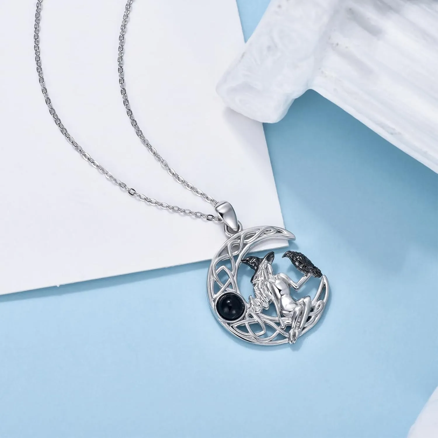 Witch Cat/Raven/Moon phase Necklace 925 Sterling Silver Celtic knot Pendant Gothic Jewelry Gifts for Women