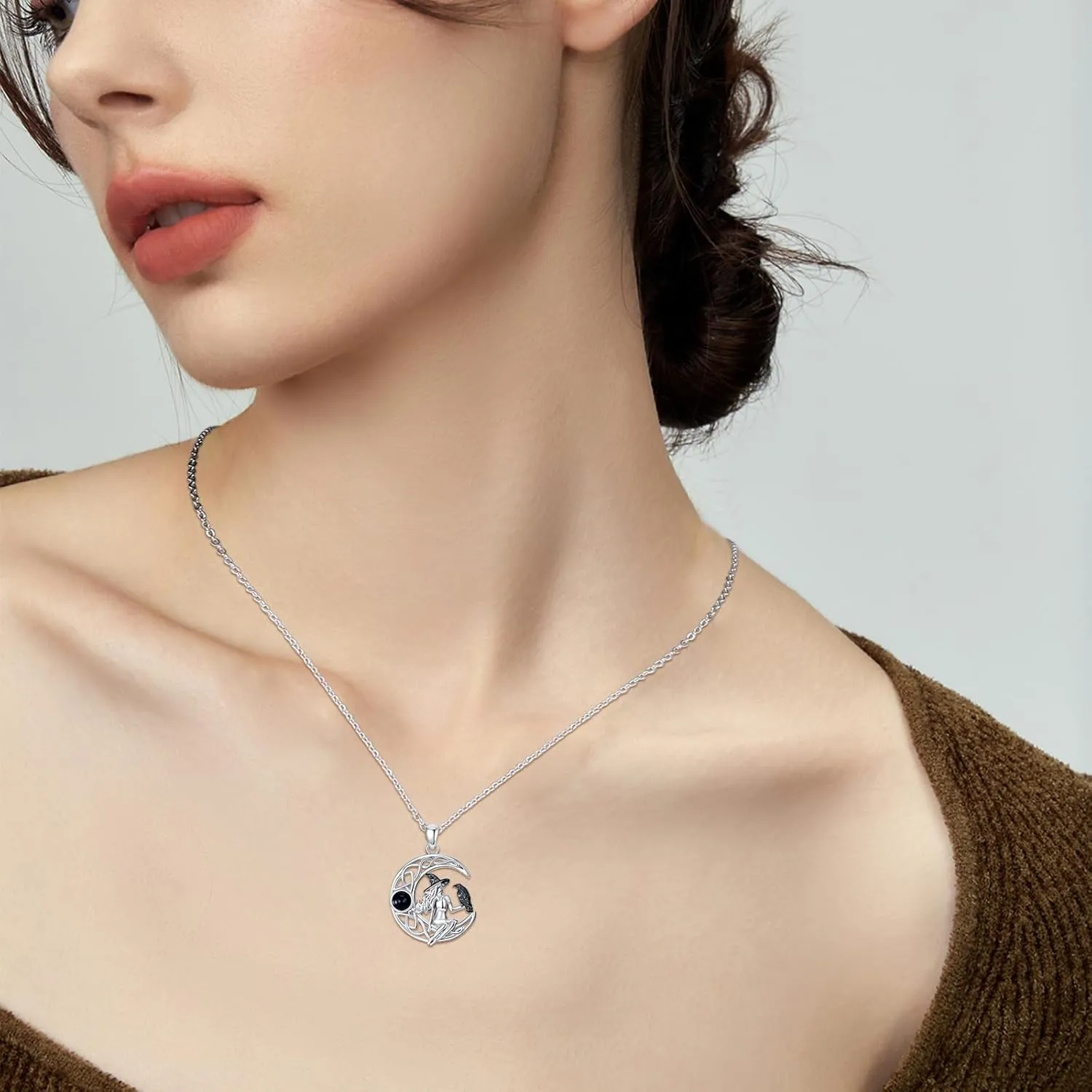 Witch Cat/Raven/Moon phase Necklace 925 Sterling Silver Celtic knot Pendant Gothic Jewelry Gifts for Women
