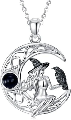 Witch Cat/Raven/Moon phase Necklace 925 Sterling Silver Celtic knot Pendant Gothic Jewelry Gifts for Women