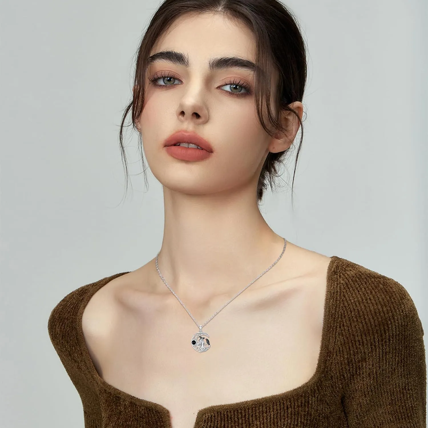Witch Cat/Raven/Moon phase Necklace 925 Sterling Silver Celtic knot Pendant Gothic Jewelry Gifts for Women