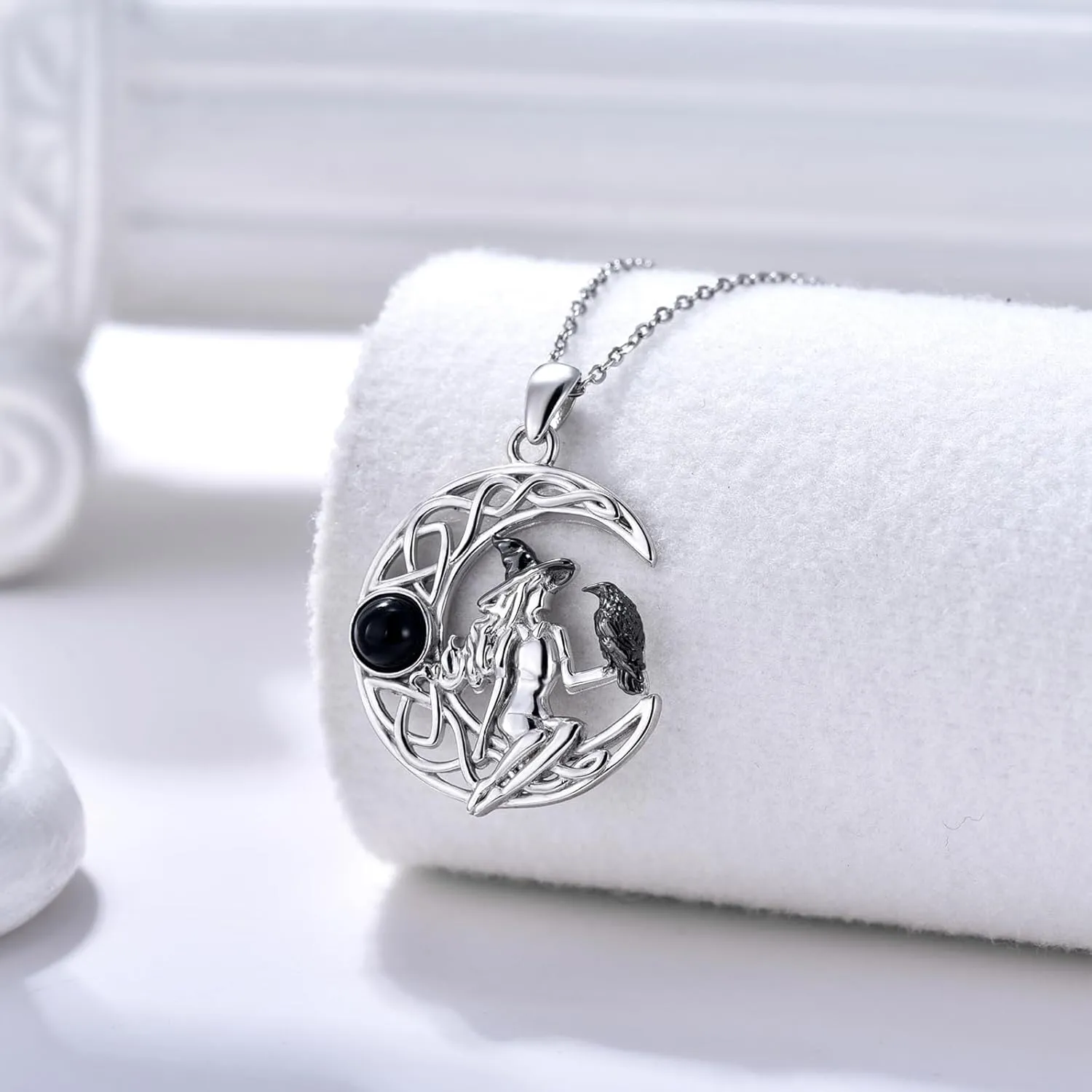 Witch Cat/Raven/Moon phase Necklace 925 Sterling Silver Celtic knot Pendant Gothic Jewelry Gifts for Women
