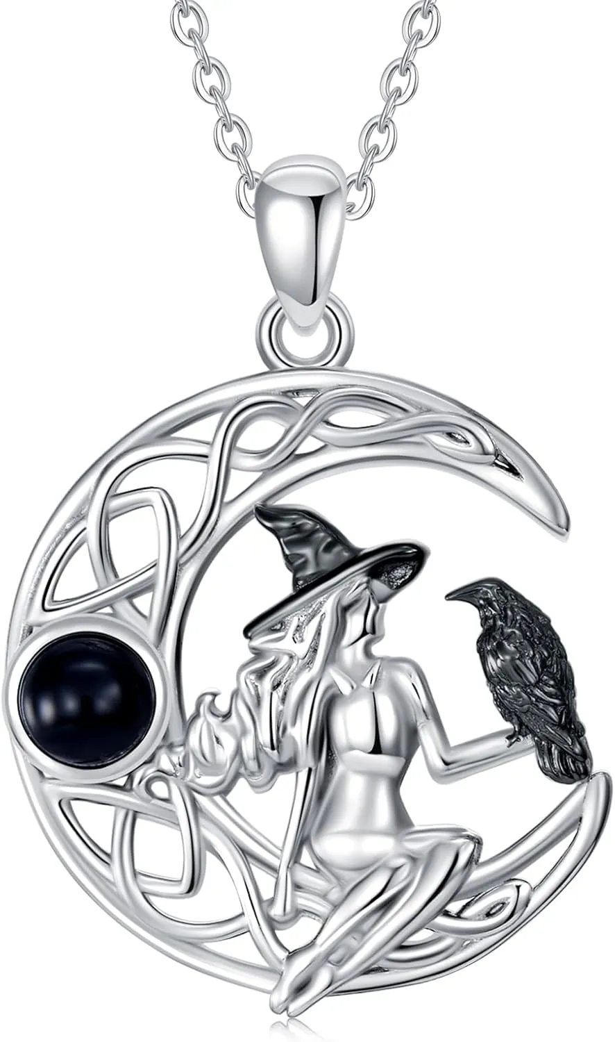 Witch Cat/Raven/Moon phase Necklace 925 Sterling Silver Celtic knot Pendant Gothic Jewelry Gifts for Women