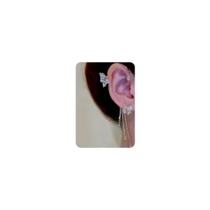 Wiwpar 1 Pair Long Butterfly Flower Tassel Style Zircon Ear Cuff for Women No Piercing Shiny Butterfly Flower Wrap Ear Clips Long Statement Earrings Crystal Rhinestone Jewelry Earringssilver