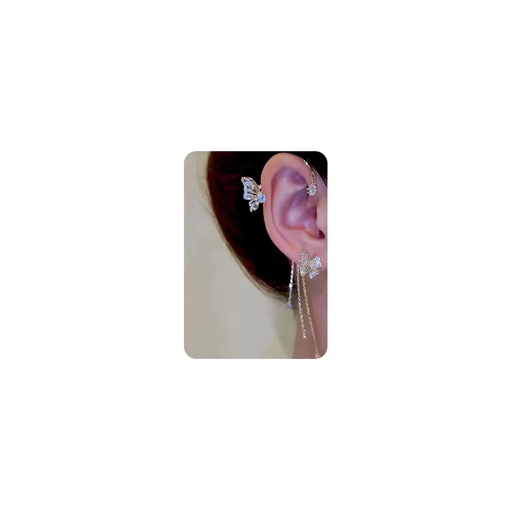 Wiwpar 1 Pair Long Butterfly Flower Tassel Style Zircon Ear Cuff for Women No Piercing Shiny Butterfly Flower Wrap Ear Clips Long Statement Earrings Crystal Rhinestone Jewelry Earringssilver