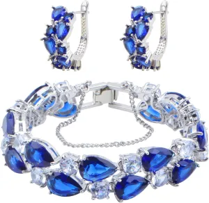 Women Jewelry Set, Platinum Plated Cubic Zirconia Blue Rhinestone Bracelet Open Ring Earrings Birthday Wedding Mothers Day Jewelry Gifts for Women