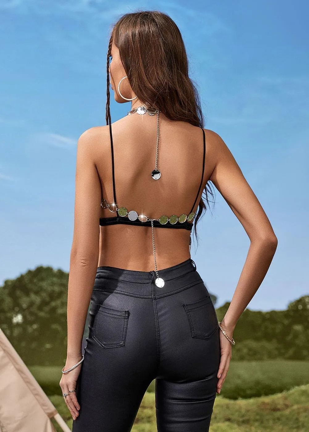 Women Sequin Bra See Through Crop Top Strappy Backless Tanks Hollow Out Body Chain Swimsuit Wrap Hip Skirts Bikini Cover Up