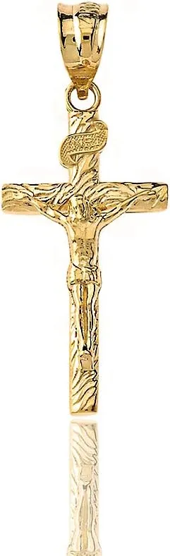 Wood Textured 10k Gold Catholic Crucifix Cross Pendant Necklace (1.18")