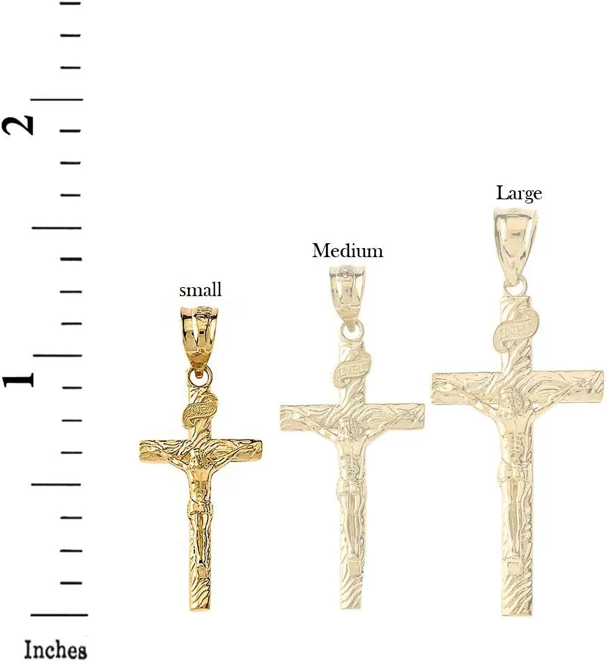 Wood Textured 10k Gold Catholic Crucifix Cross Pendant Necklace (1.18")