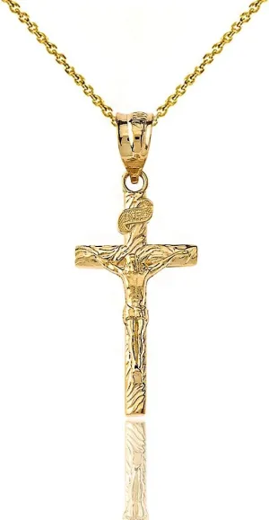 Wood Textured 10k Gold Catholic Crucifix Cross Pendant Necklace (1.18")