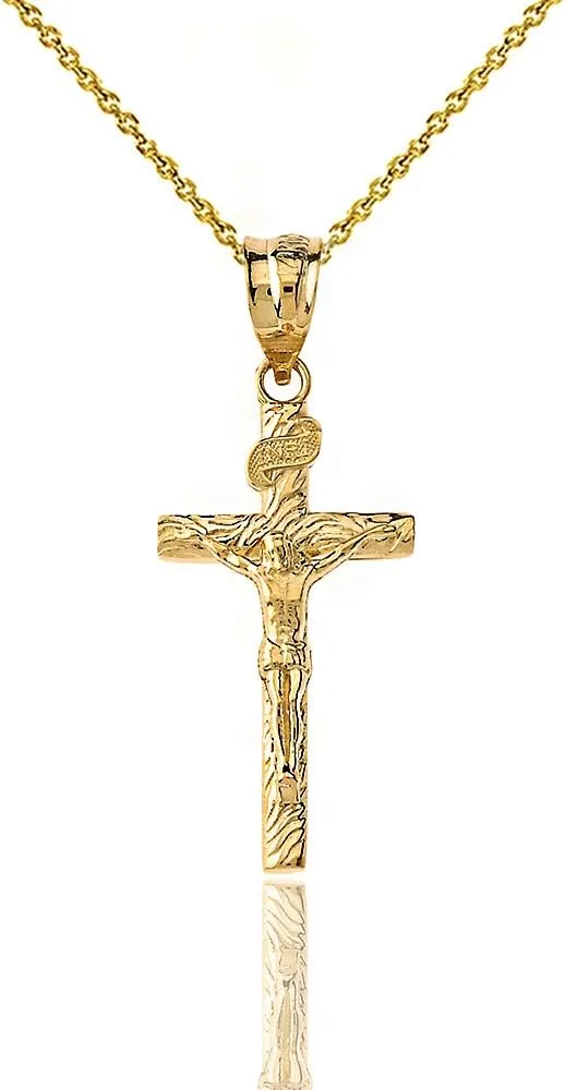 Wood Textured 10k Gold Catholic Crucifix Cross Pendant Necklace (1.18")