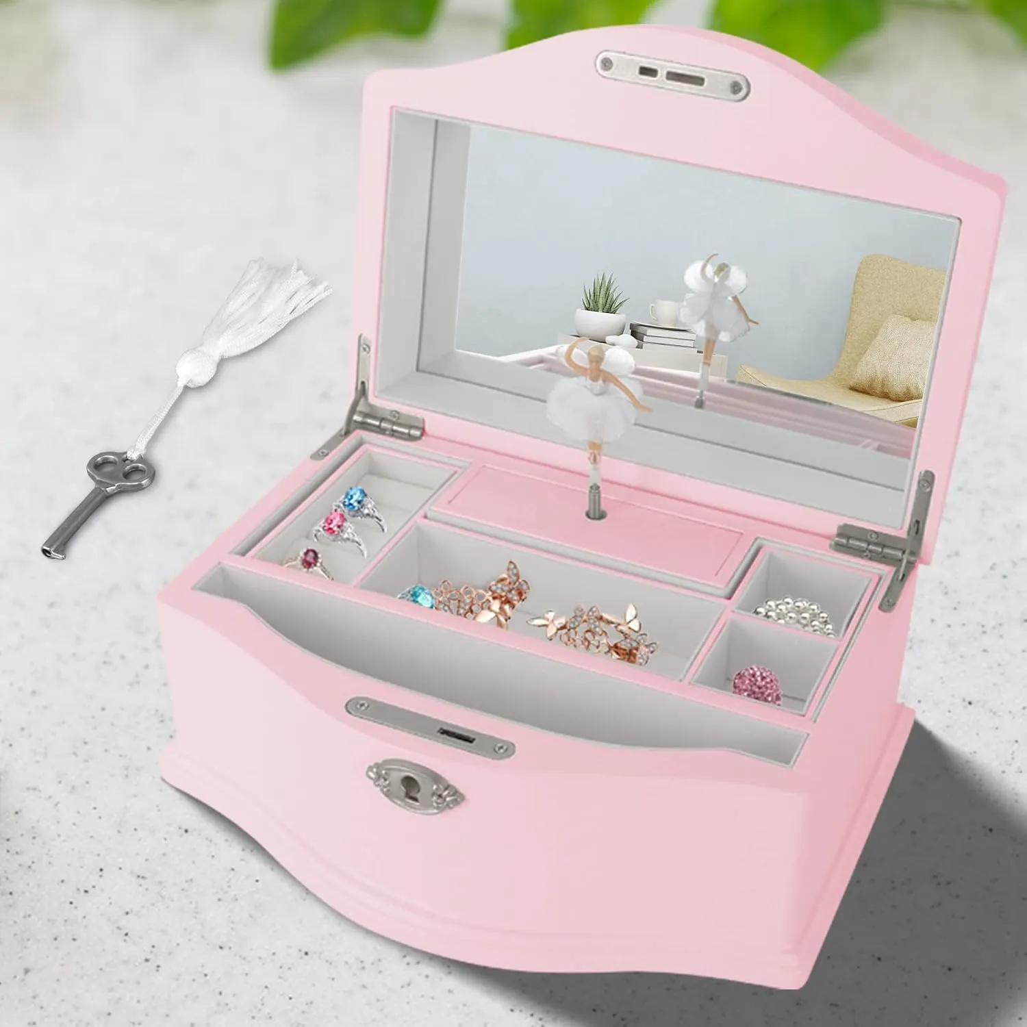 Wooden Ballerina Musical Jewelry Box with Mirror&Tassel Key for Girls,Musical Keepsake Box,Kid's Jewelry Storage Music Box,Gift for holidays,New Year,Birthday and Friends- Pink,
