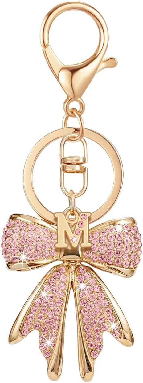 XGALBLA Sparkly Cute Initial Letter Rhinestone Bow Keychain for Women Gold Tone Bag Charms Coquette Aesthetic Purse Charms