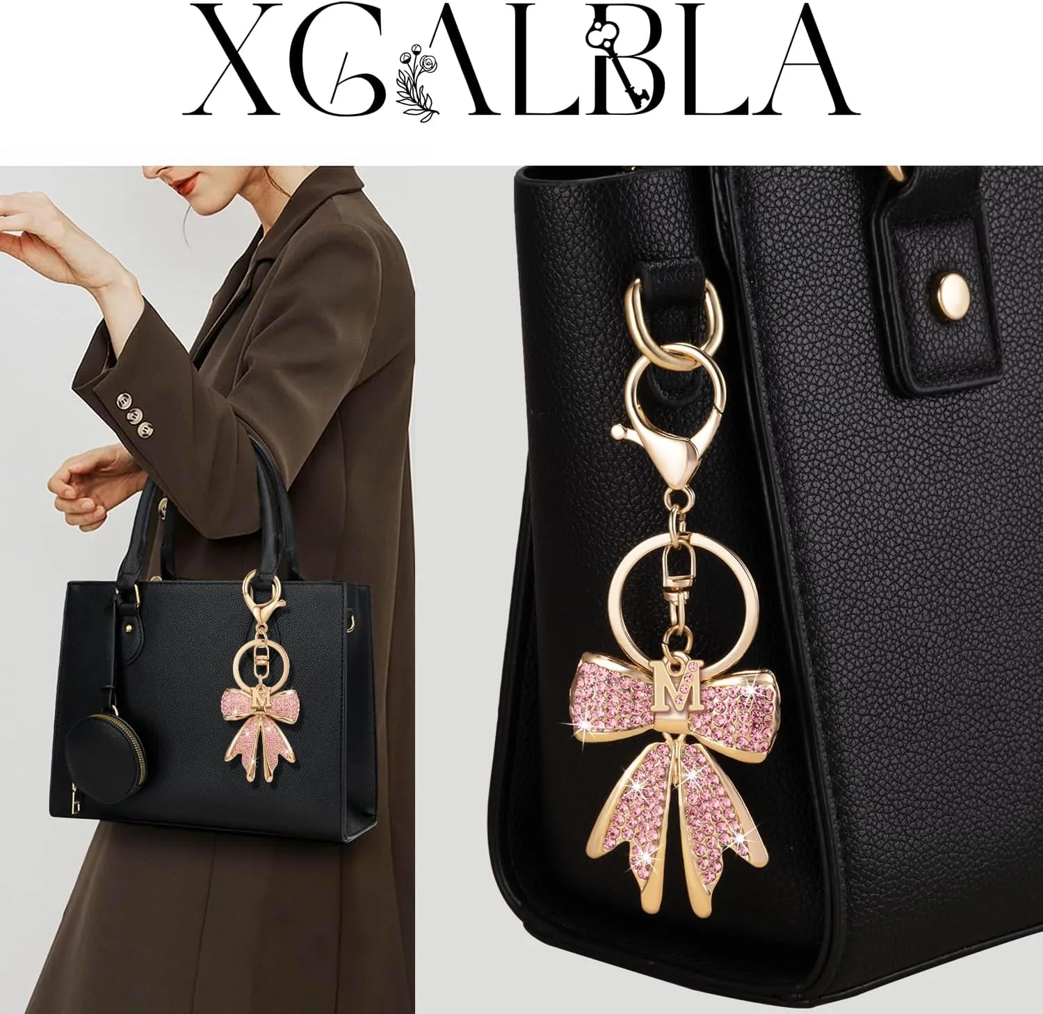 XGALBLA Sparkly Cute Initial Letter Rhinestone Bow Keychain for Women Gold Tone Bag Charms Coquette Aesthetic Purse Charms