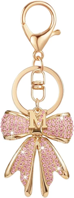 XGALBLA Sparkly Cute Initial Letter Rhinestone Bow Keychain for Women Gold Tone Bag Charms Coquette Aesthetic Purse Charms