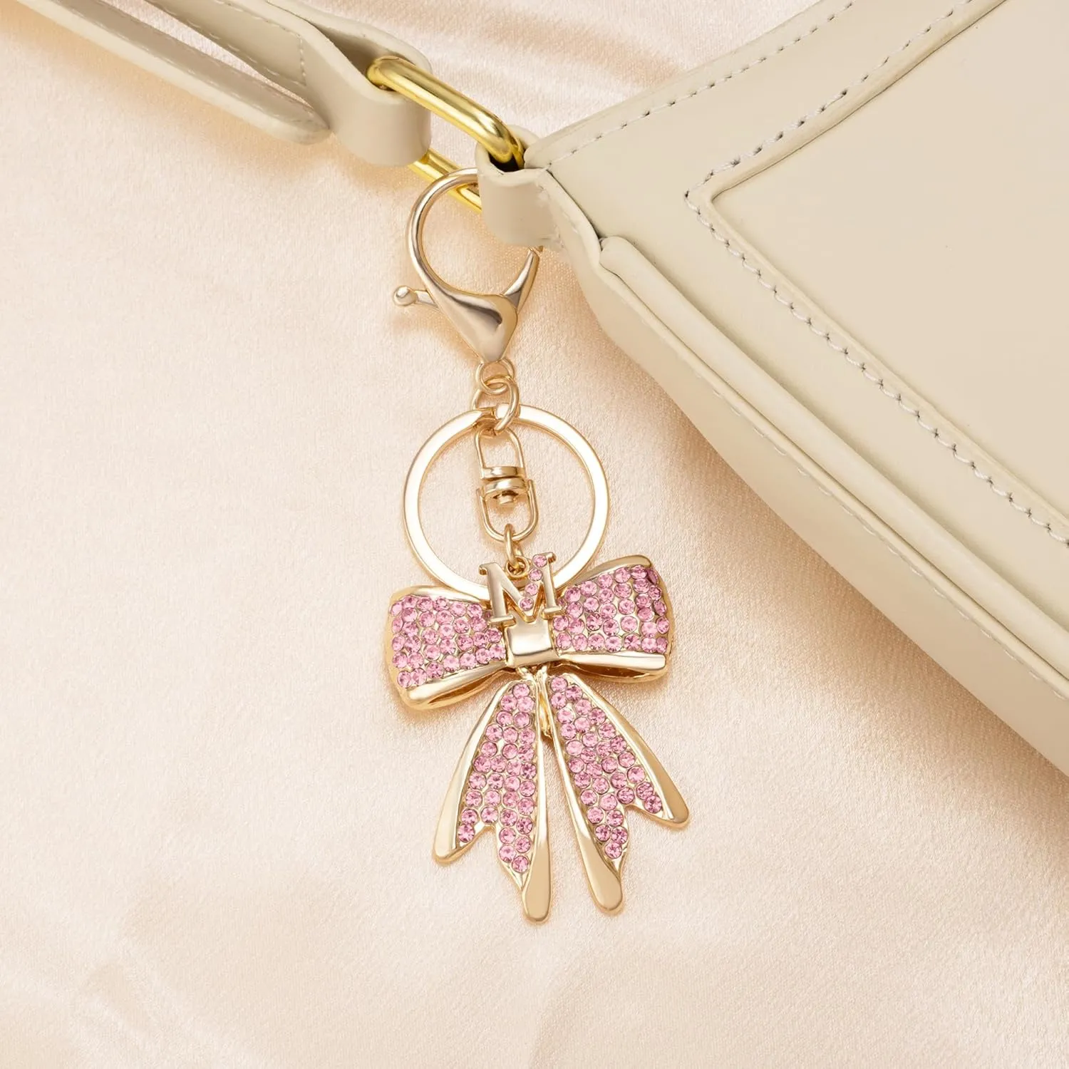 XGALBLA Sparkly Cute Initial Letter Rhinestone Bow Keychain for Women Gold Tone Bag Charms Coquette Aesthetic Purse Charms