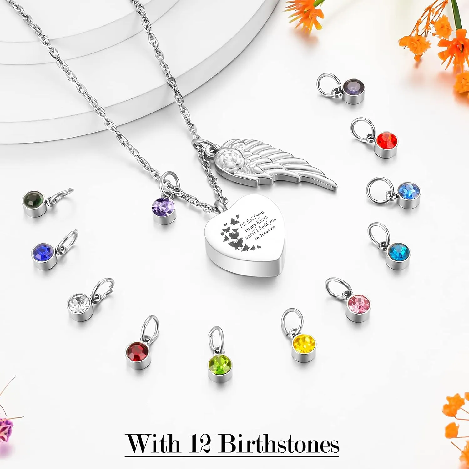 XIUDA Heart Cremation Jewelry for Ashes Urn Necklace with Birthstones Ash Necklace Memorial Cremation Necklaces for Women-I'll Hold You in My Heart Until I Hold You in Heaven
